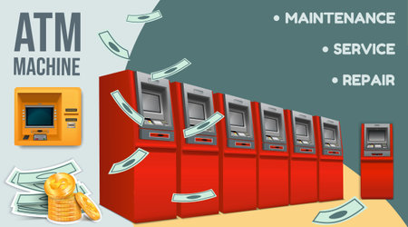 Atm maintenance service and repair realistic collage with row of red machines vector illustrationのイラスト素材