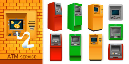 Atm service composition with machines of different colours isolated on white background vector illustrationのイラスト素材