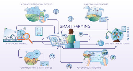 Modern farming agriculture technologies flat line composition with flowchart of icons text captions people and electronics vector illustrationのイラスト素材