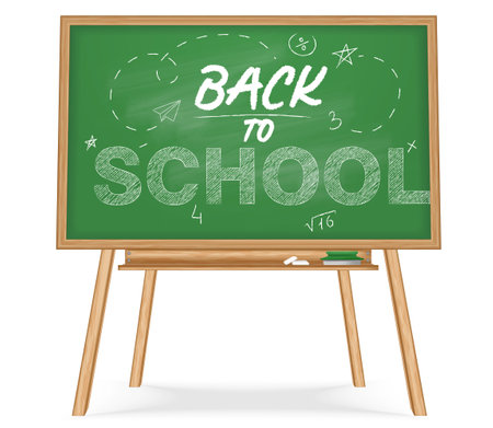 School blackboard chalkboard realistic composition with isolated view of wooden easel with green board and text vector illustrationのイラスト素材