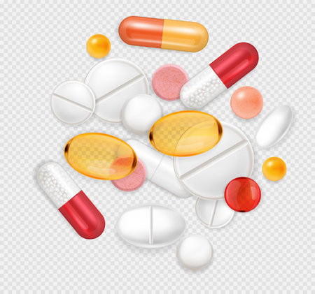 Realistic pills capsules composition with bunch of medical drugs vitamins and nutritional supplements on transparent background vector illustrationのイラスト素材