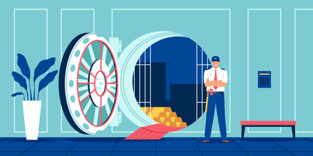 Bank composition with indoor view of safe bank storage with circle door golden bars and guard vector illustrationのイラスト素材