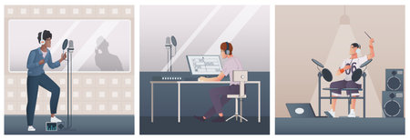 Digital music three square illustrations with young people recording music at workplace with computer flat vector illustrationのイラスト素材
