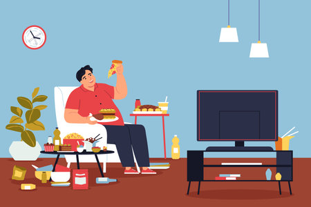Addiction composition with indoor loving room scenery and fat man eating junk food in front of tvのイラスト素材