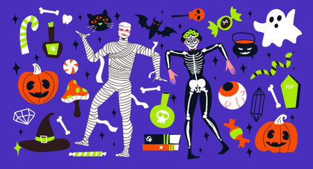 Halloween big set of flat icons with skeleton mummy jack o lanterns ghosts sweets bat witch hat isolated on blue background vector illustrationのイラスト素材