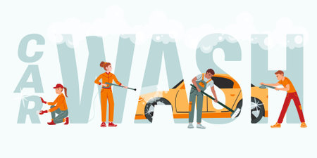 Car washing composition with flat text and foam surrounded by workers in orange uniform with tools vector illustrationのイラスト素材