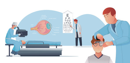 Vision correction flat illustration with ophthalmologists checking sight selecting lenses for glasses performing laser surgery vector illustrationのイラスト素材