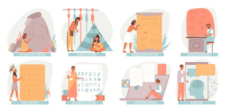 Evolution of writing flat set with ancient types and modern technologies isolated vector illustrationのイラスト素材