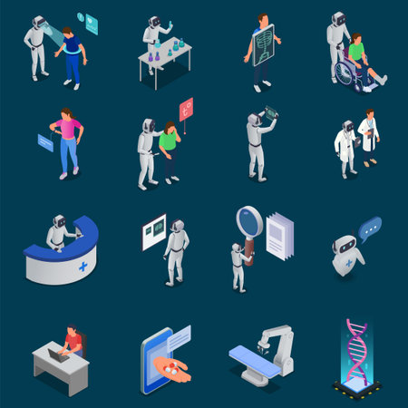 Ai in medicine isometric icons set with medical equipment robots and patients isolated vector illustrationのイラスト素材