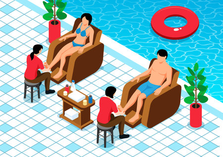 Isometric massage composition with view of public pool with armchairs couple and physicians kneading clients toes vector illustrationのイラスト素材