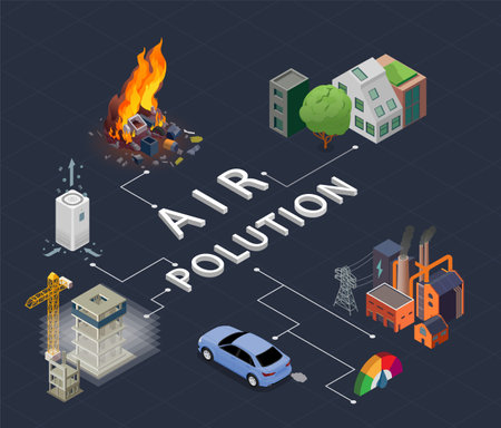 Air pollution causes isometric flowchart with factories transport construction on dark background 3d vector illustrationのイラスト素材