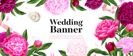 Realistic horizontal wedding banner with pink peony flowers and pair of rings vector illustrationのイラスト素材
