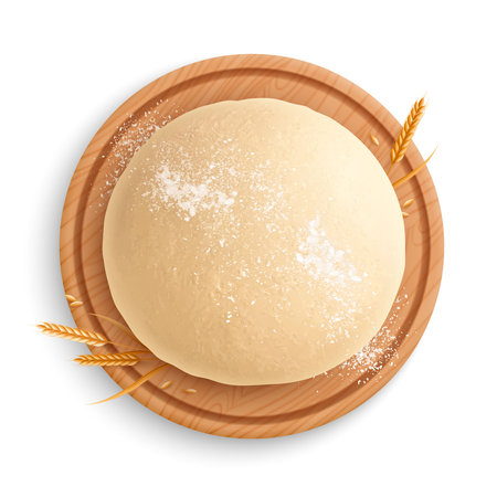 Fresh raw dough composition with isolated top view of round wooden tray with circle dough piece vector illustrationのイラスト素材