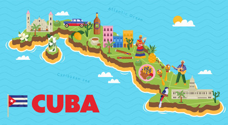 Cuba map with its symbols flat poster on blue caribbean sea and atlantic ocean background vector illustrationのイラスト素材