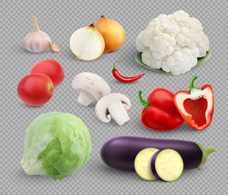 Vegetables realistic set of isolated onions garlic pepper mushrooms and lettuce on transparent background with shadows vector illustrationのイラスト素材
