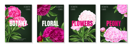 Set of realistic vertical botanical posters with beautiful blooming pink peonies isolated vector illustrationのイラスト素材