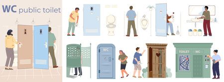 Public toilet flat composition with indoor restroom interiors and street objects vector illustrationのイラスト素材