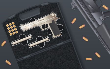 Weapon war realistic composition with close view of pistol and ammo in case with random bullets vector illustrationのイラスト素材