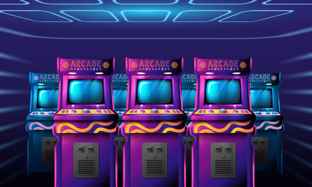 Realistic arcade game composition with indoor cyberpunk style interior and rows of vintage game playing machines vector illustrationのイラスト素材