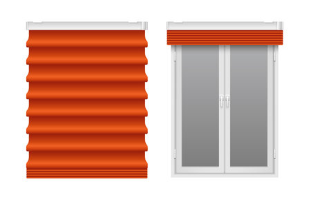 Window blinds realistic set with house interior symbols isolated vector illustrationのイラスト素材
