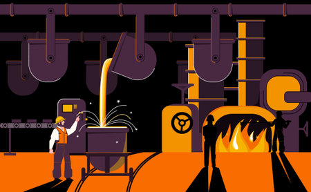 Metallurgy production flat composition with industrial scenery jars with liquid metal and doodle characters of workers vector illustrationのイラスト素材