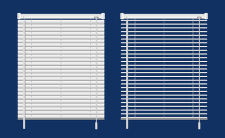 Realistic window blinds set with isolated front views of drawn and half open hanging white blinds vector illustrationのイラスト素材