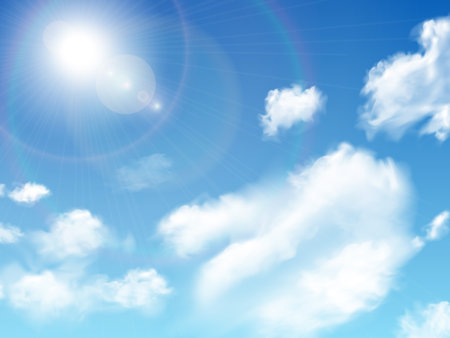 Realistic sun cloud sky composition with day of clear sky scenery with clouds and sun flares vector illustrationのイラスト素材