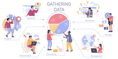 Gathering data infographic with collection analysis interpretation generation processing management storage flat section vector illustrationのイラスト素材
