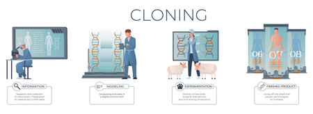 Cloning genetics set of infographic compositions with flat views of working scientists and editable text captions vector illustrationのイラスト素材
