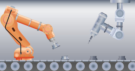 Robot manipulator arm realistic composition with view of robotic arms on moving assembly line with goods vector illustrationのイラスト素材
