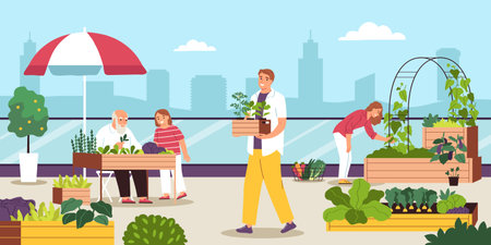 Community garden in city flat background with people decorating street cafe with plants and flowers vector illustrationのイラスト素材