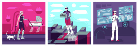 Cyberpunk people three isolated  posters depicting futuristic technologies so as telemedicine and robotics flat vector illustrationのイラスト素材