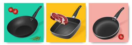 Pan dishes three square realistic illustrations with different forms and sizes utensil for frying isolated vector illustrationのイラスト素材