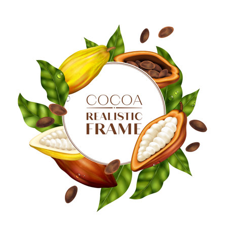 Round frame in realistic style with cocoa beans and leaves vector illustrationのイラスト素材
