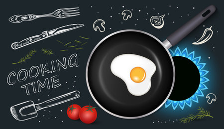 Cooking time realistic collage at chalkboard background with scrambled egg in pan on gas stove vector illustrationのイラスト素材