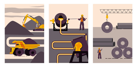 Metallurgy production flat set of three vertical background compositions with industrial views of factory metal works vector illustrationのイラスト素材