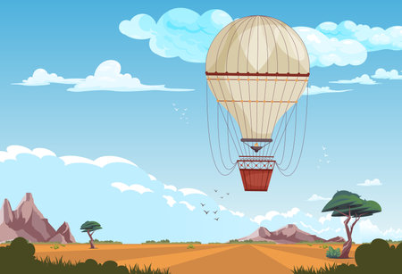 Vintage passenger carriage background with air balloon realistic vector illustrationのイラスト素材