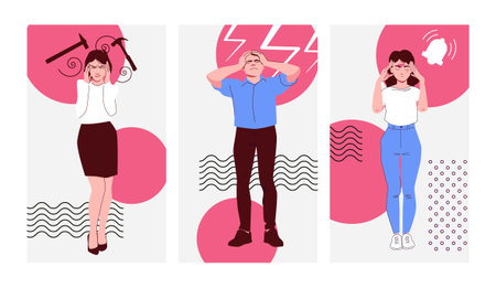 Set of three vertical headache pain flat compositions with doodle style suffering human characters and icons vector illustrationのイラスト素材