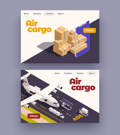 Air craft isometric banner set with aircraft logistic symbols vector illustrationのイラスト素材