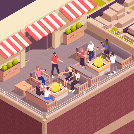 Street cafe isometric concept with restaurant on roof top terrace vector illustrationのイラスト素材