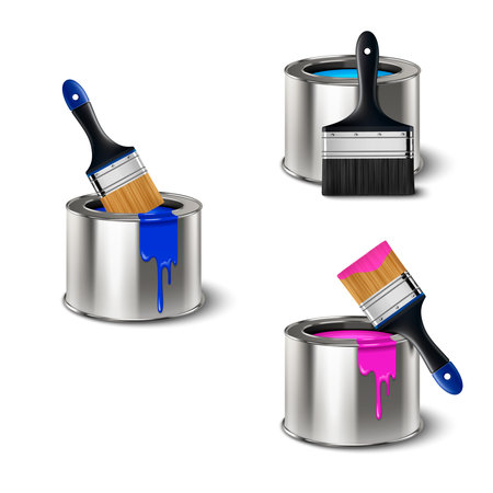 Realistic set of painting tools with metal cans paintbrushes and color drops of paint isolated vector illustrationのイラスト素材