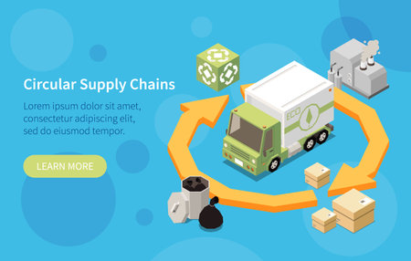 Sustainable manufacturing isometric web banner depicting circular supply chains vector illustrationのイラスト素材