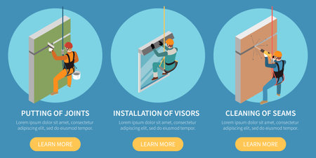 Height works design concept set of three isometric compositions  depicting visors installation putting of joints cleaning of seams vector illustrationのイラスト素材