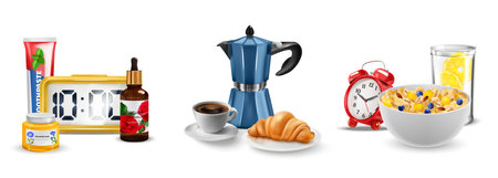 Set of three realistic morning compositions with icons of personal hygiene food drinks and alarm clock vector illustrationのイラスト素材