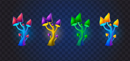 Glowing magic mushrooms cartoon set isolated on transparent background vector illustrationのイラスト素材