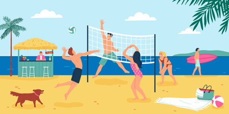 People spending vacation on sandy beach playing volleyball and surfing flat vector illustrationのイラスト素材