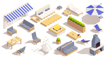 Street cafe isometric icons set with outdoor furniture items isolated vector illustrationのイラスト素材