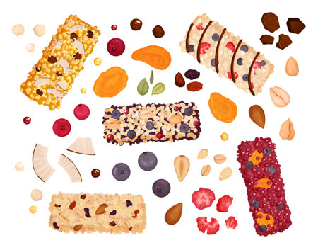Healthy bar grain nuts set with isolated seeds berries and whole protein bars on blank background vector illustrationのイラスト素材