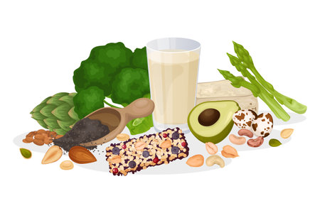 Healthy protein foods composition with isolated view of nuts greens eggs and bars on blank background vector illustrationのイラスト素材