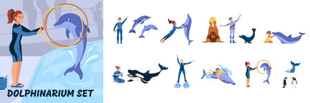 Flat composition set of dolphins seal lions orcas penguins during show at dolphinarium isolated vector illustrationのイラスト素材